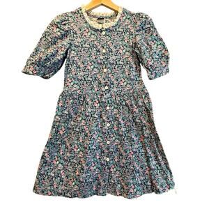 Vintage Blue Floral Dress Jazz Kids 80s 90s Girls 7 Lace Collar Eyelet Trim